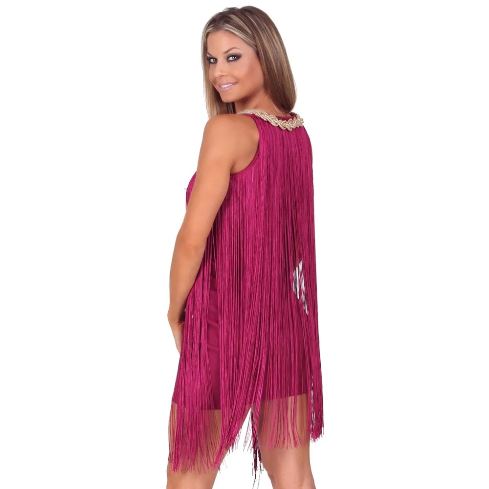 YA Los Angeles Short Fringe Dress w/ Beaded Neckline S59-18 - Picture 3 of 9